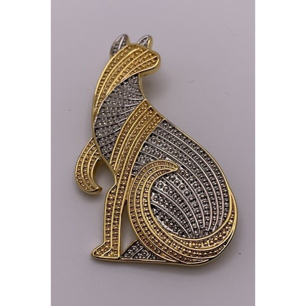 Vintage Cat Brooch 2 Tone Textured Kitty Pin Unsigned